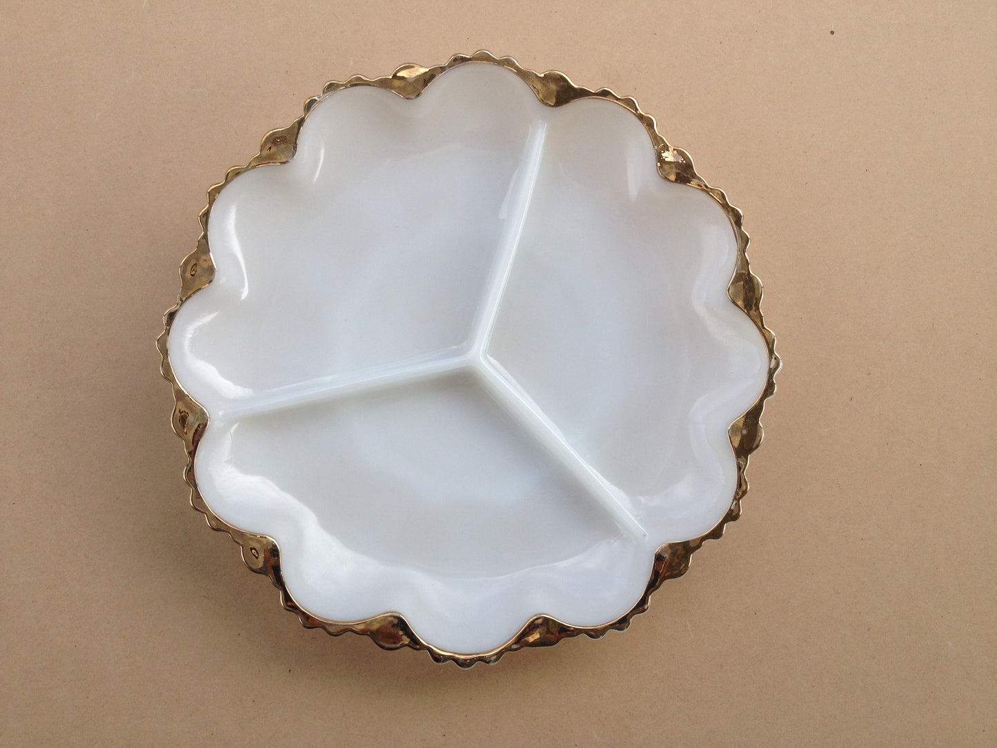 Circular White Glass Serving Dish with Gold Edge