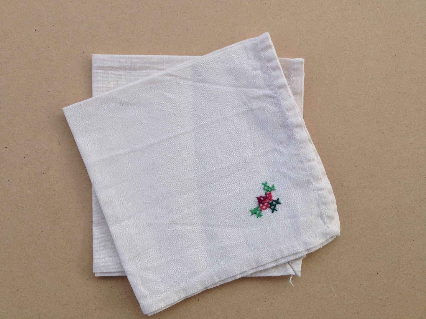 Vintage White Linen Napkins with Embroided Rose