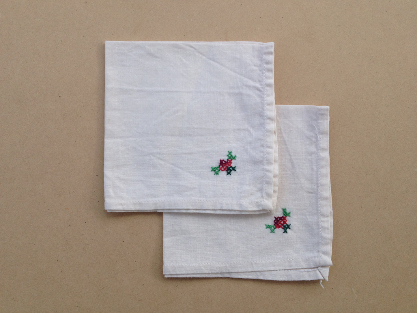 Vintage White Linen Napkins with Embroided Rose