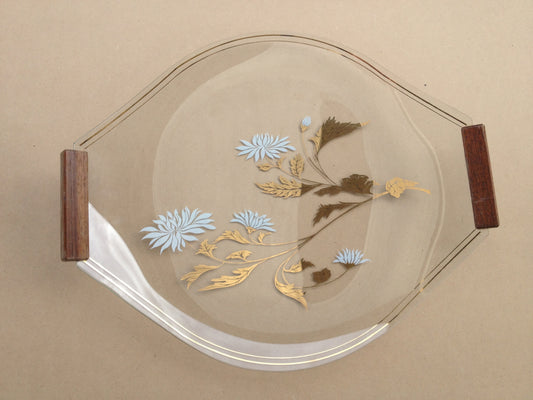 Glass Serving Plate with Wooden Handles and Flora Design