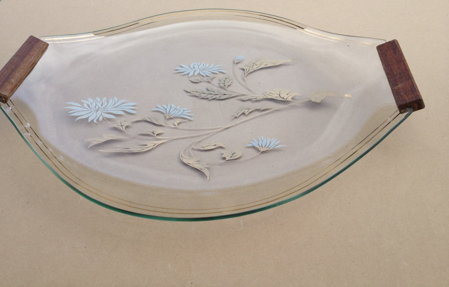 Glass Serving Plate with Wooden Handles and Flora Design