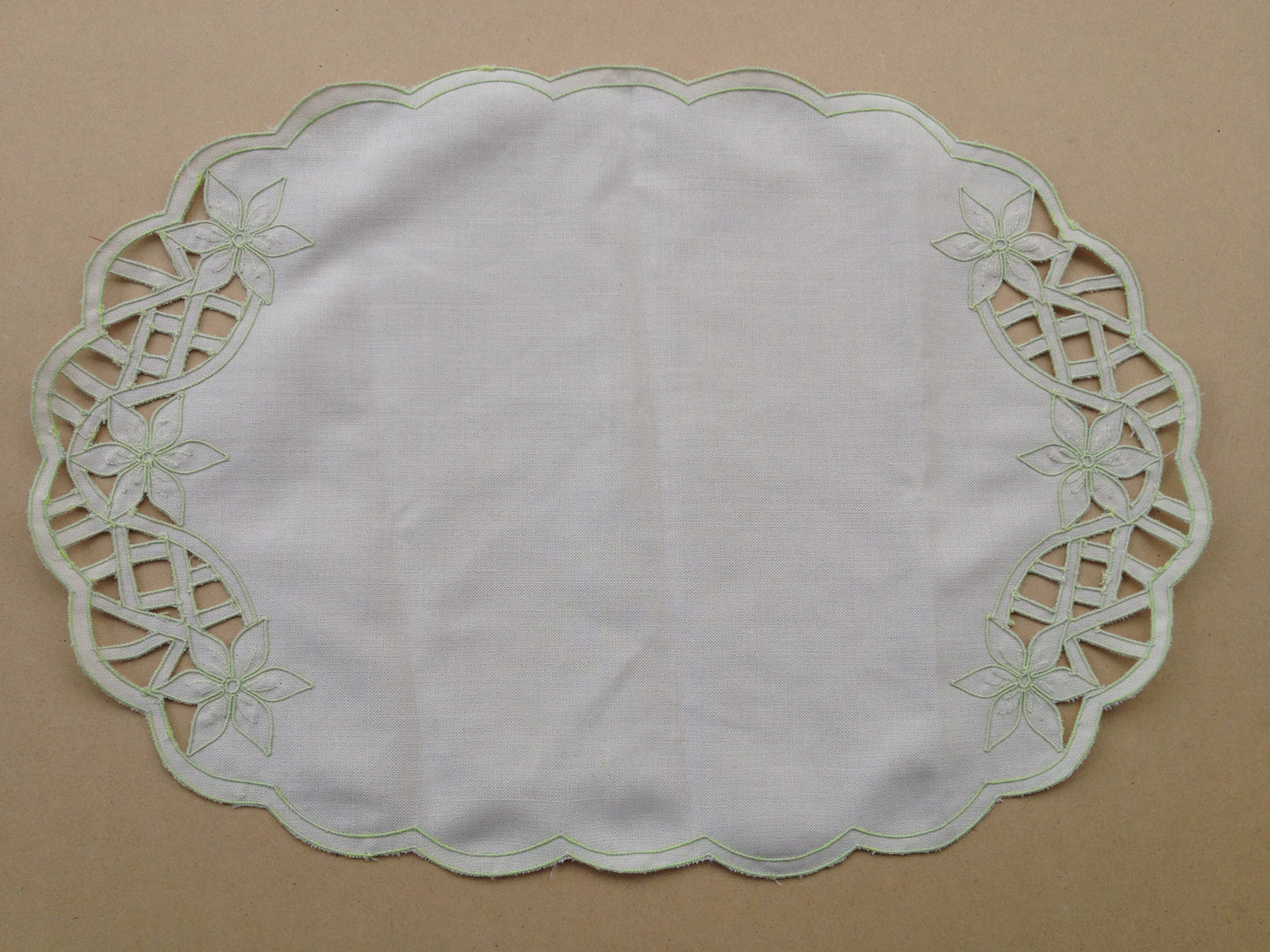 Vintage Linen Large Doily Cut and Stitched Green