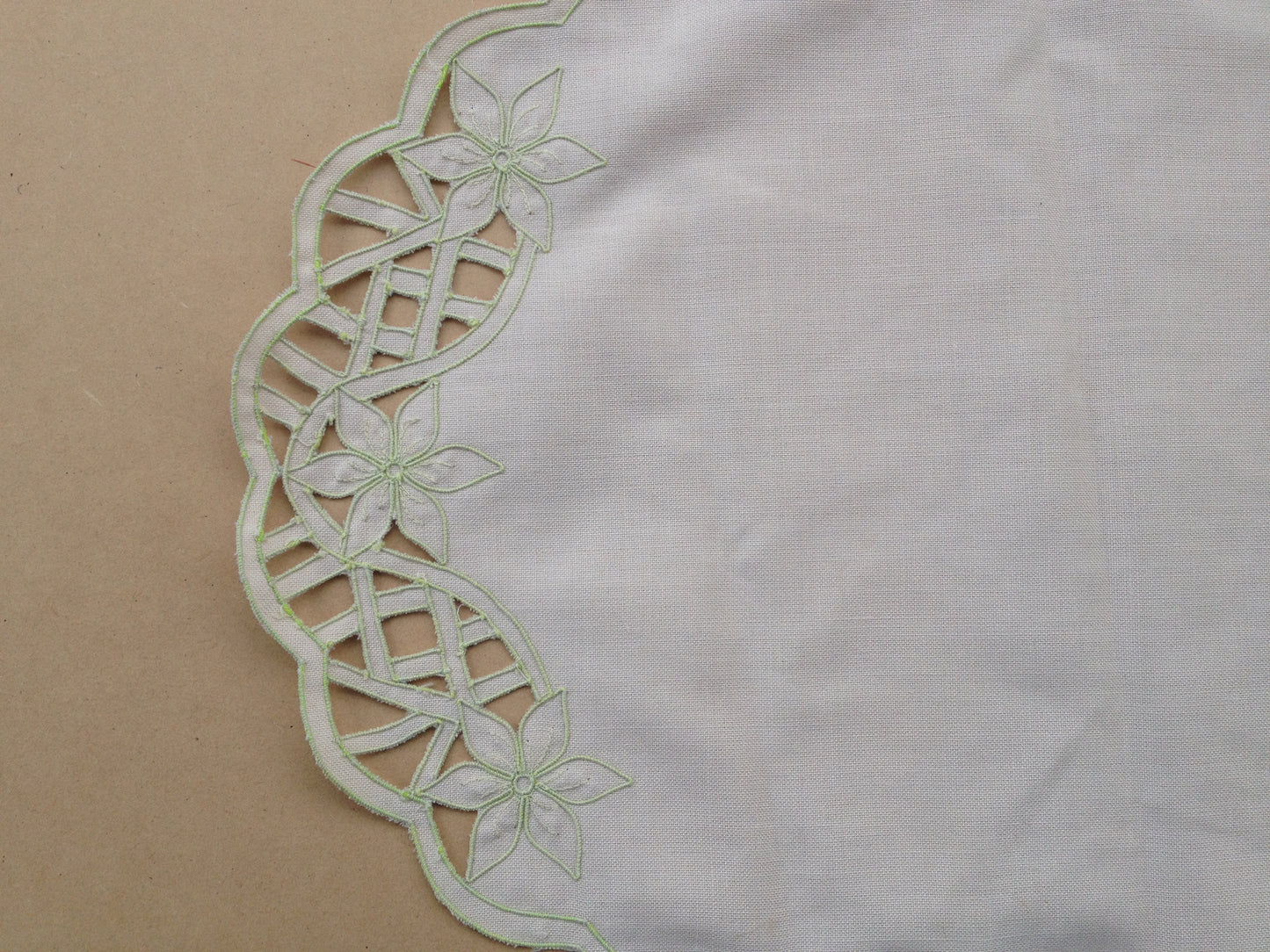Vintage Linen Large Doily Cut and Stitched Green
